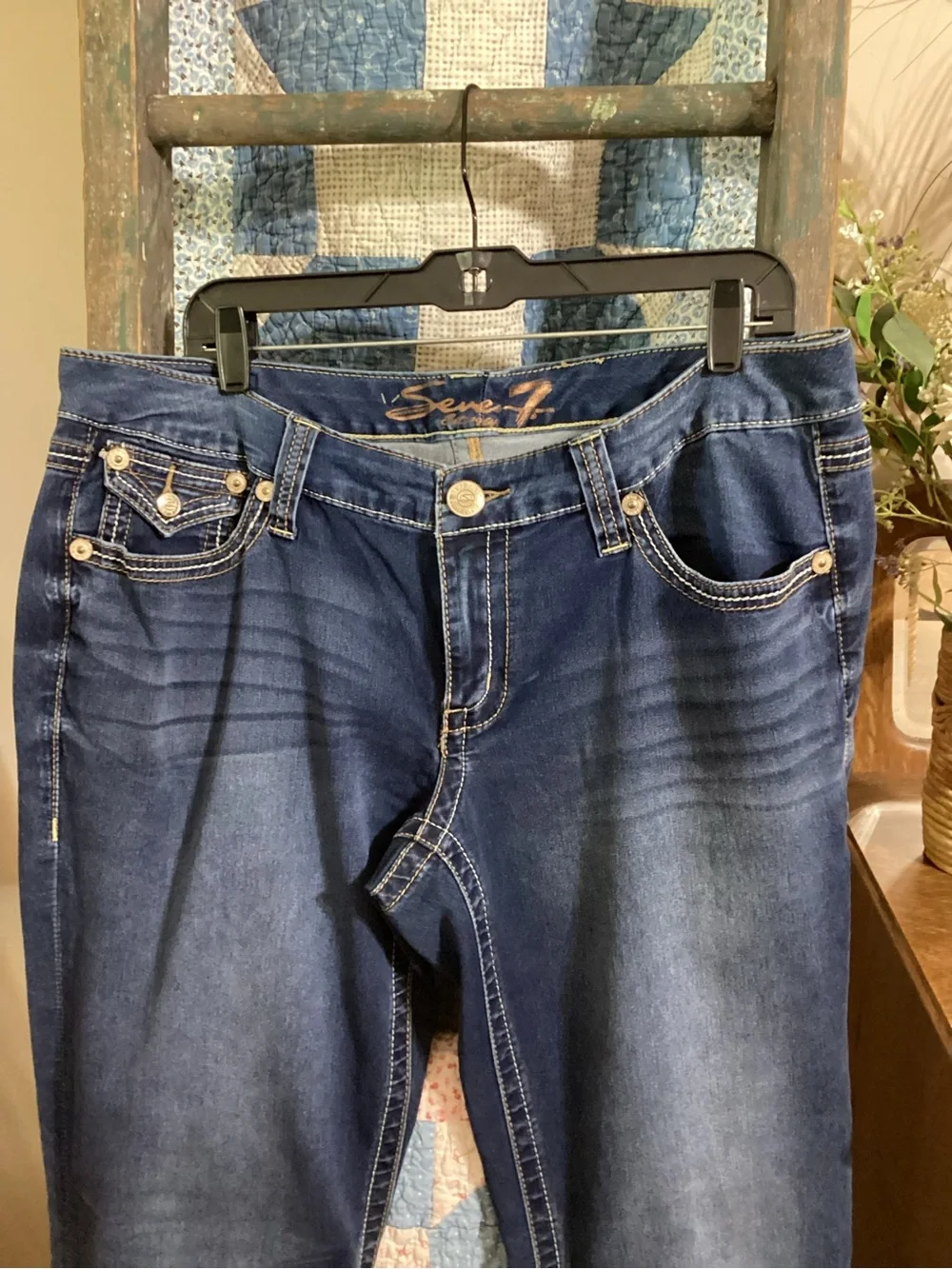 Seven7 Women's Dark Blue Flare Leg Jeans with Embroidered Pockets - Picture 4 of 13